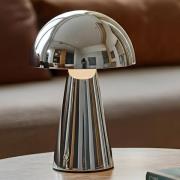 Lindby LED-Akkutischlampe Nevijo, chrom, Ø20cm, USB, Dimmer