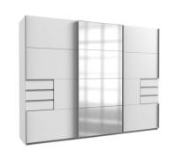 Schwebetürenschrank 270 cm breit mit Spiegel und Schubladen Weiß SAIGO...